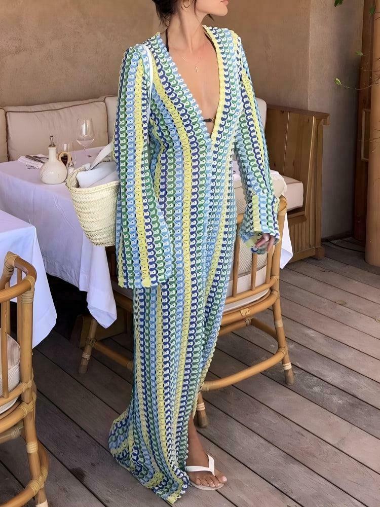 Bohemian Crochet Striped Plunge Neck Maxi Dress - Y2K Fashion in Pink Plaid Style