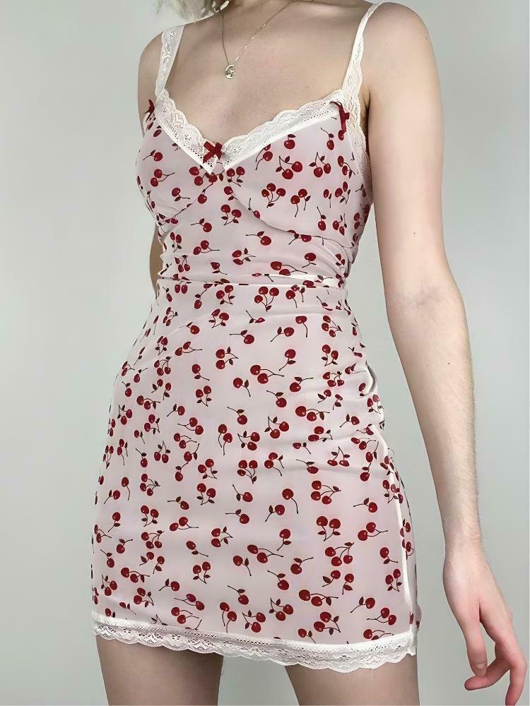 Chic Coquette Cherry Mini Dress in Pink Plaid - Y2K Bohemian Style for Effortless Elegance