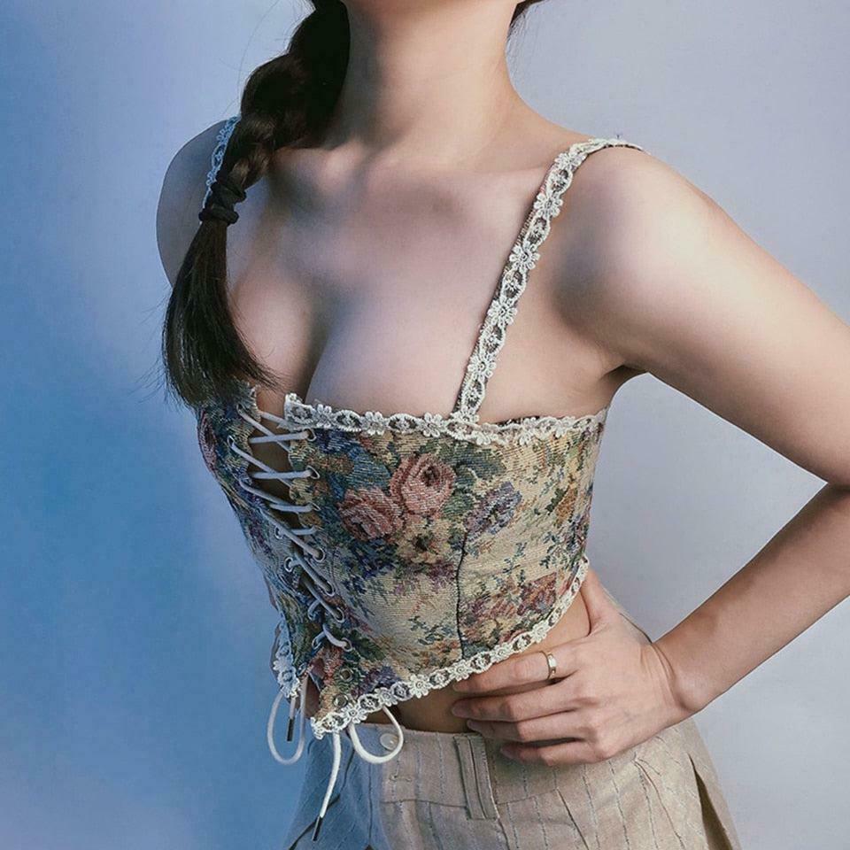 Chic Cottagecore Corset Top with Bow Tie Detail - Y2K Style Denim Tube Crop Top