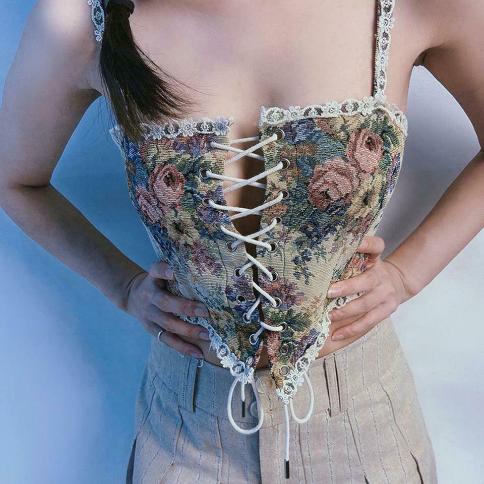 Chic Cottagecore Corset Top with Bow Tie Detail - Y2K Style Denim Tube Crop Top