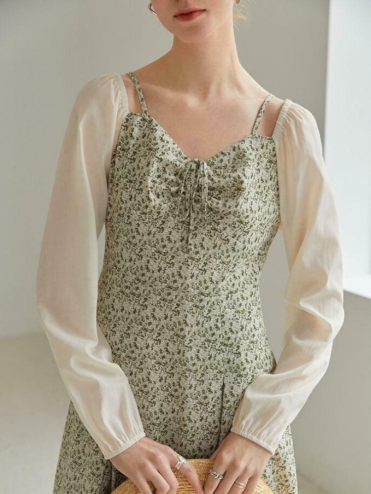Chic Cottagecore Floral Midi Dress with Long Sleeves - Y2K Bohemian Style Sun Dress