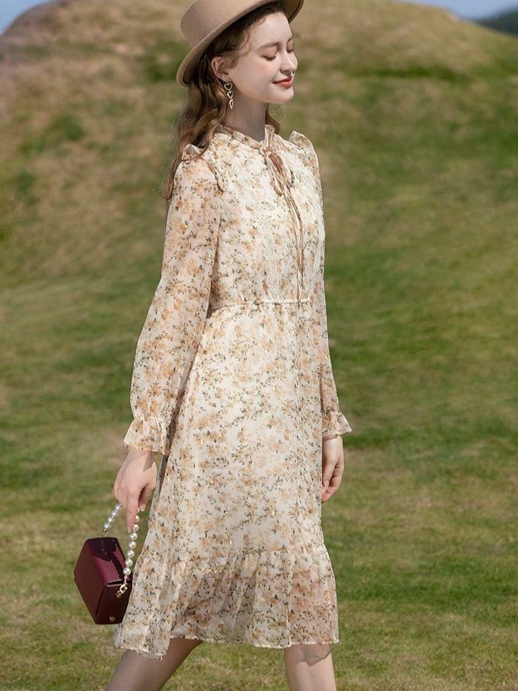 Chic Cottagecore Lace Floral Midi Dress - Bohemian Style with Y2K Vibes and Long Sleeves