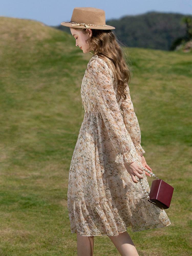 Chic Cottagecore Lace Floral Midi Dress - Bohemian Style with Y2K Vibes and Long Sleeves
