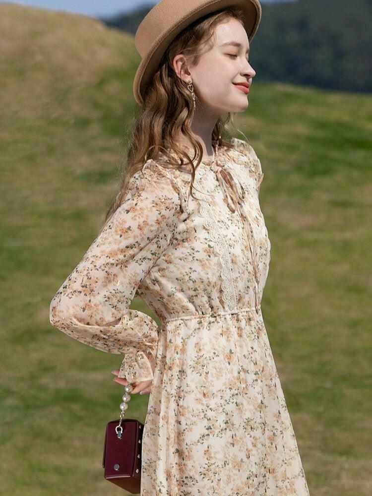 Chic Cottagecore Lace Floral Midi Dress - Bohemian Style with Y2K Vibes and Long Sleeves