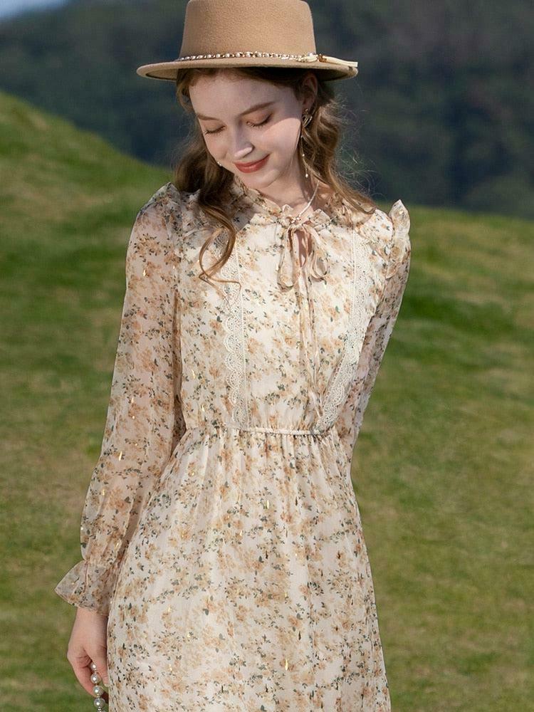 Chic Cottagecore Lace Floral Midi Dress - Bohemian Style with Y2K Vibes and Long Sleeves