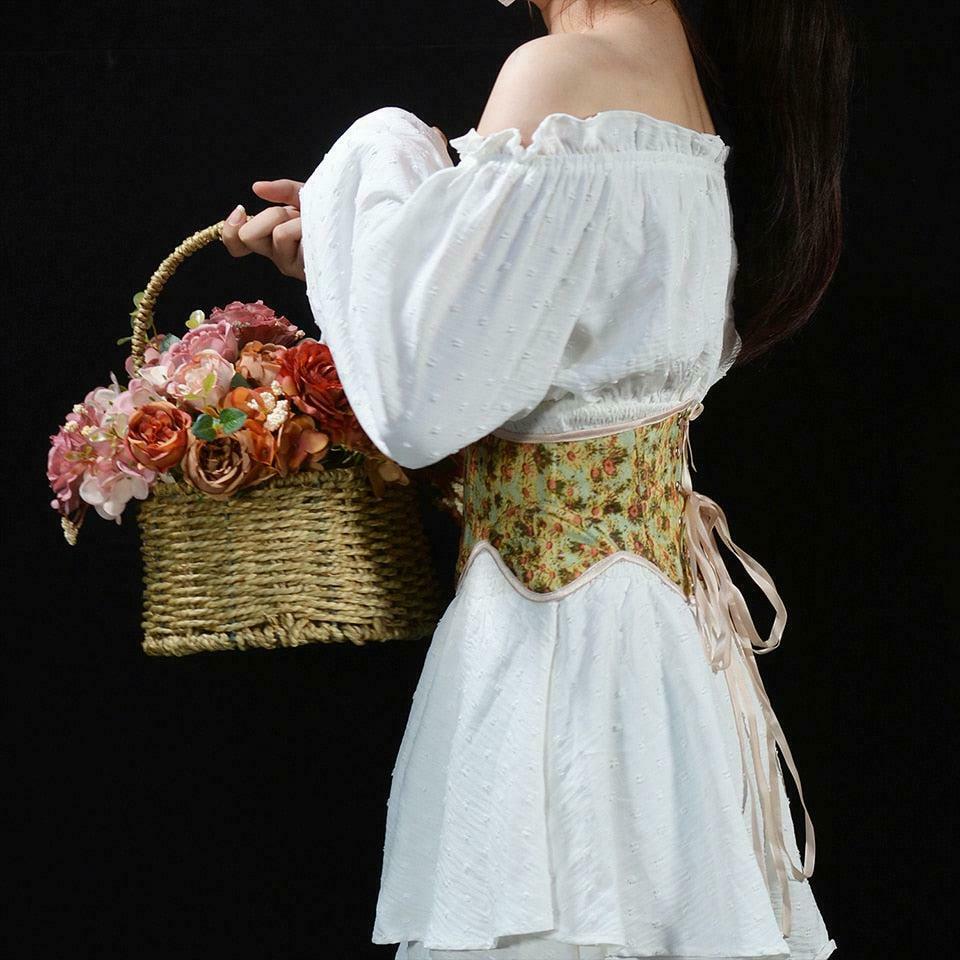 Chic Cottagecore Ribbon Lace-Up Waist Corset Top - Y2K Punk & Emo Style with Bows