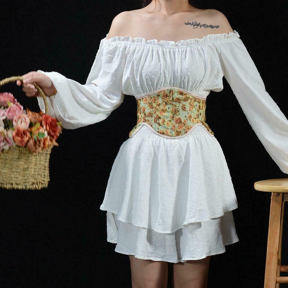 Chic Cottagecore Ribbon Lace-Up Waist Corset Top - Y2K Punk & Emo Style with Bows