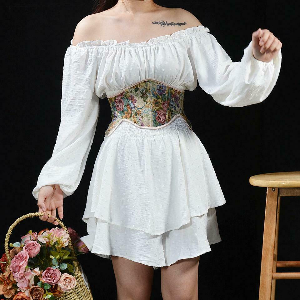 Chic Cottagecore Ribbon Lace-Up Waist Corset Top - Y2K Punk & Emo Style with Bows