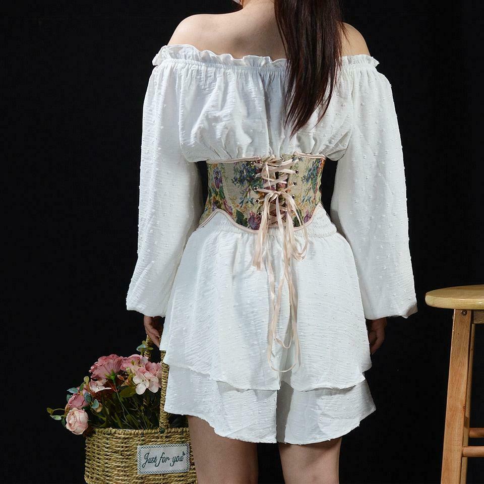 Chic Cottagecore Ribbon Lace-Up Waist Corset Top - Y2K Punk & Emo Style with Bows