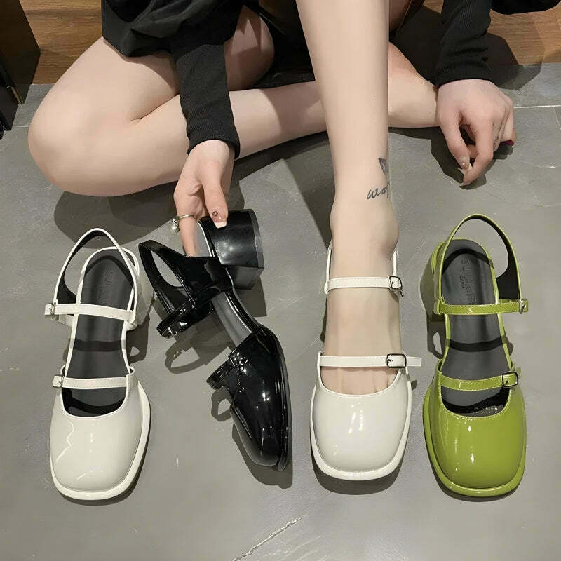 Chic Double Strap Mary Jane High Heels in Green Velvet for Trendy Y2K Cottagecore Outfits