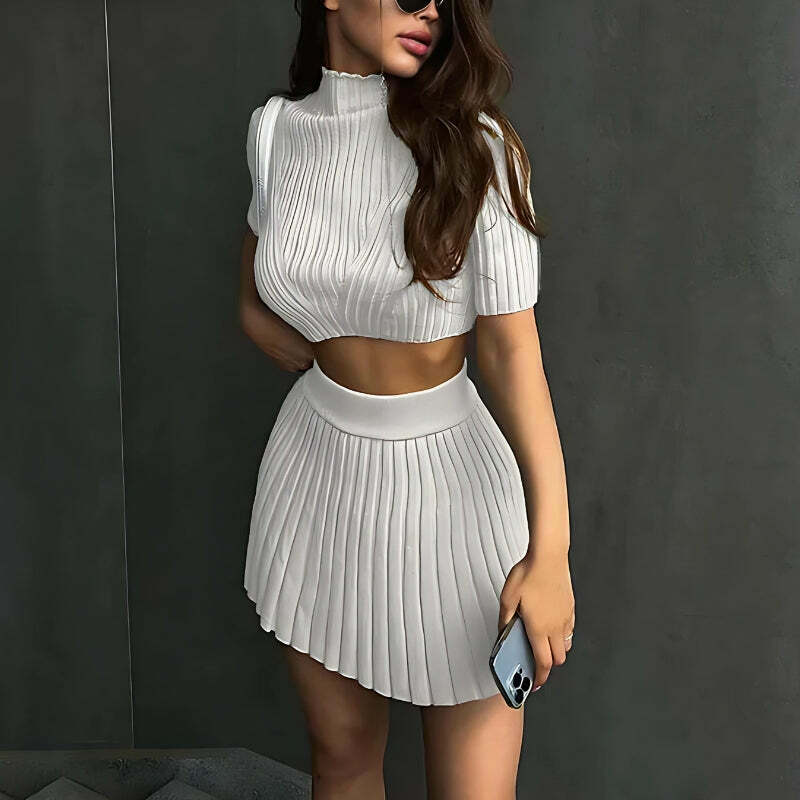 Chic Y2K Corduroy Knitted Crop Top & Mini Skirt Two Piece Set for Vintage Style Lovers