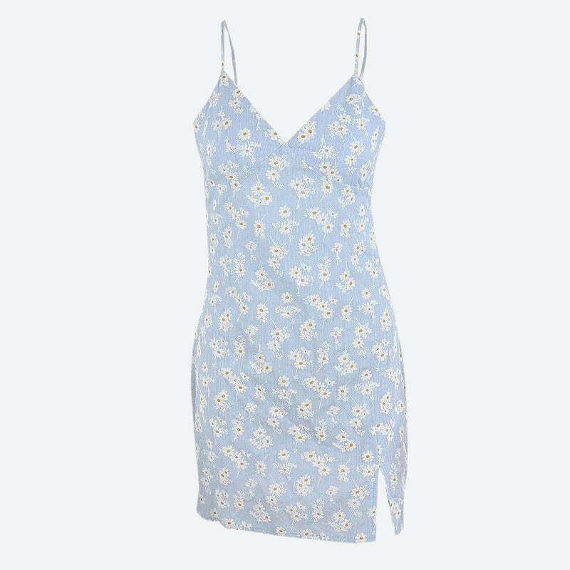 Cottagecore Daisy Slit Mini Dress - Bohemian Y2K Style with Long Sleeves and Floral Print