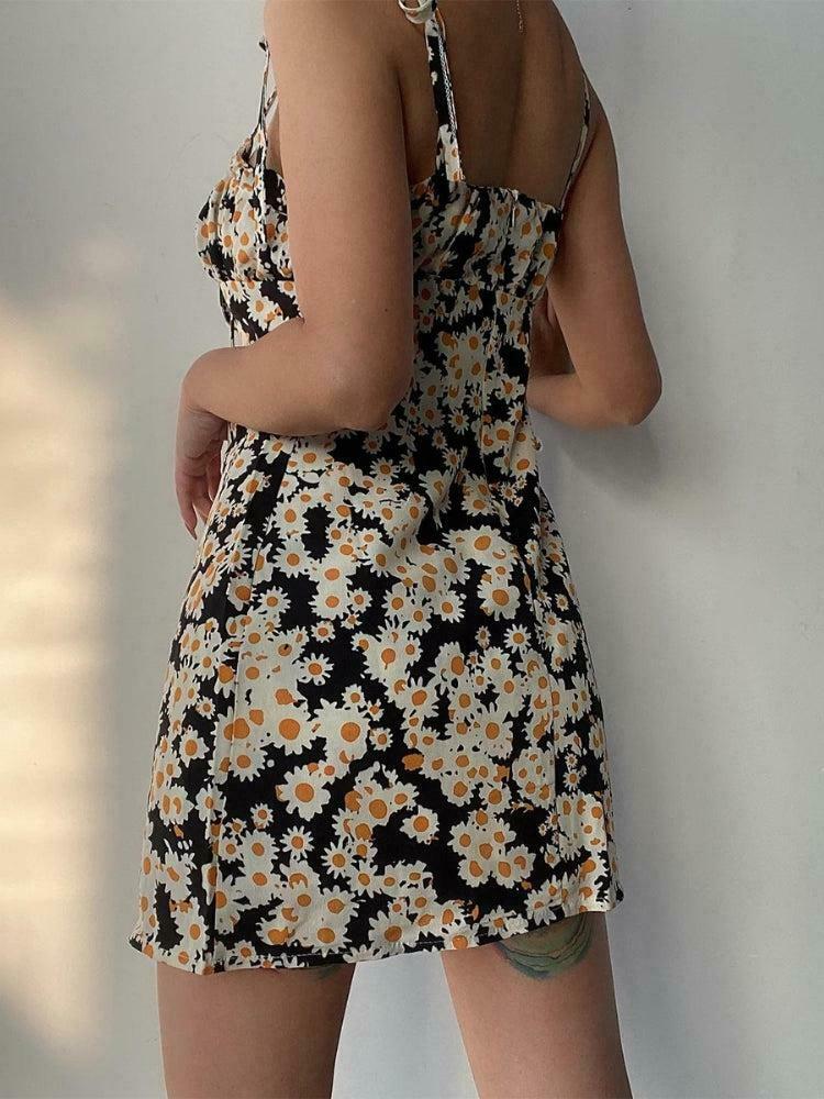 Cottagecore Daisy Tie Strap Mini Dress - Bohemian Floral Sun Dress for Y2K Fashion Lovers
