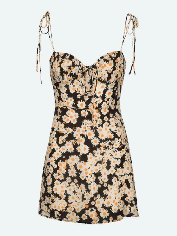 Cottagecore Daisy Tie Strap Mini Dress - Bohemian Floral Sun Dress for Y2K Fashion Lovers