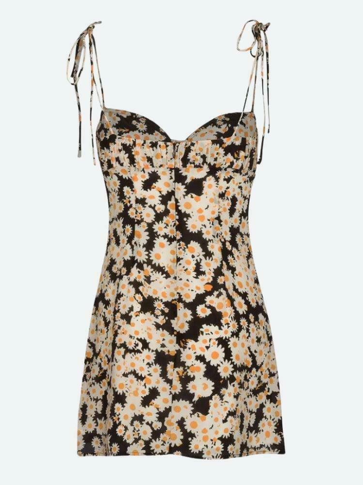 Cottagecore Daisy Tie Strap Mini Dress - Bohemian Floral Sun Dress for Y2K Fashion Lovers