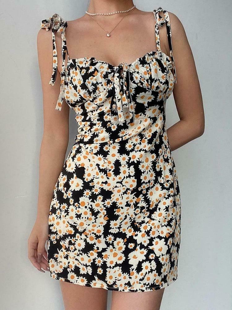 Cottagecore Daisy Tie Strap Mini Dress - Bohemian Floral Sun Dress for Y2K Fashion Lovers