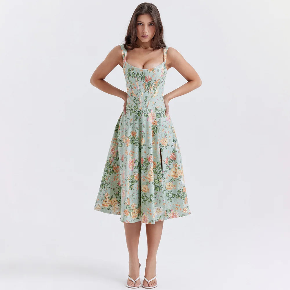 Cottagecore Floral Corset Midi Dress - Bohemian Pink Plaid Sun Dress for Y2K Fashion Lovers