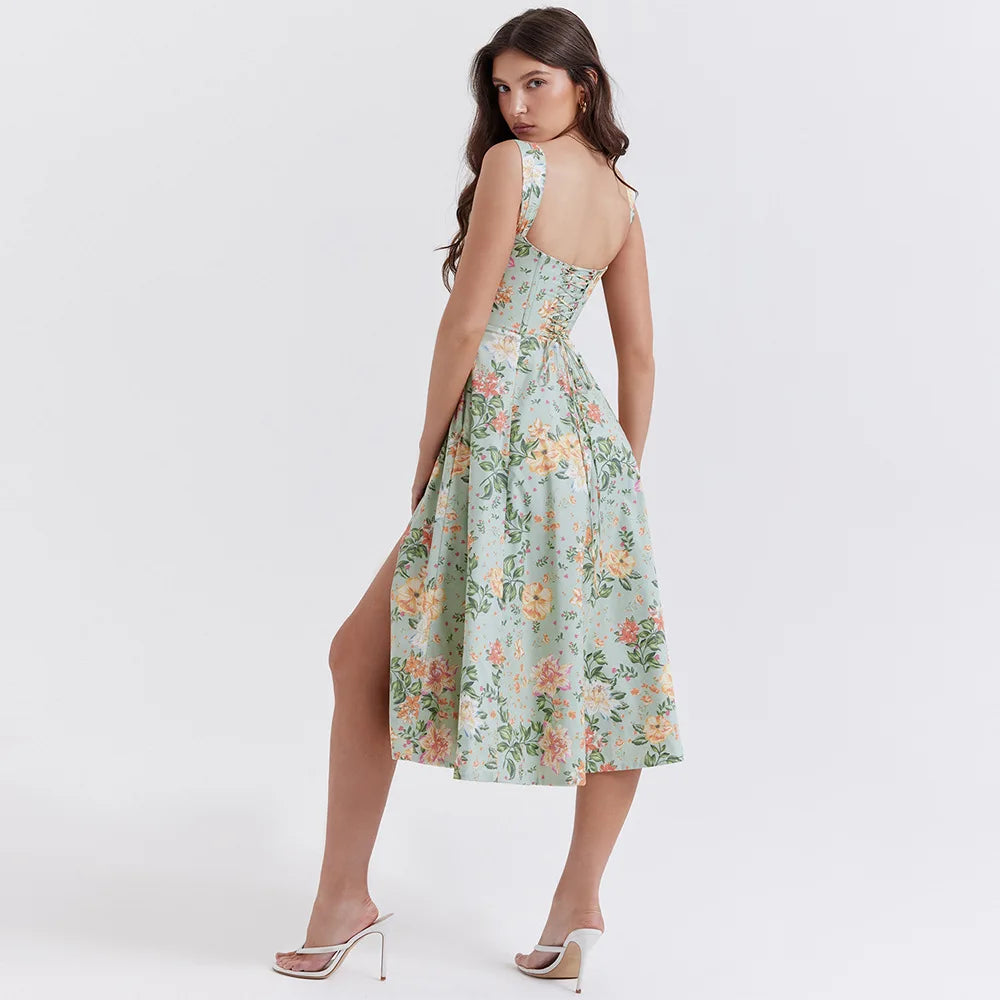 Cottagecore Floral Corset Midi Dress - Bohemian Pink Plaid Sun Dress for Y2K Fashion Lovers