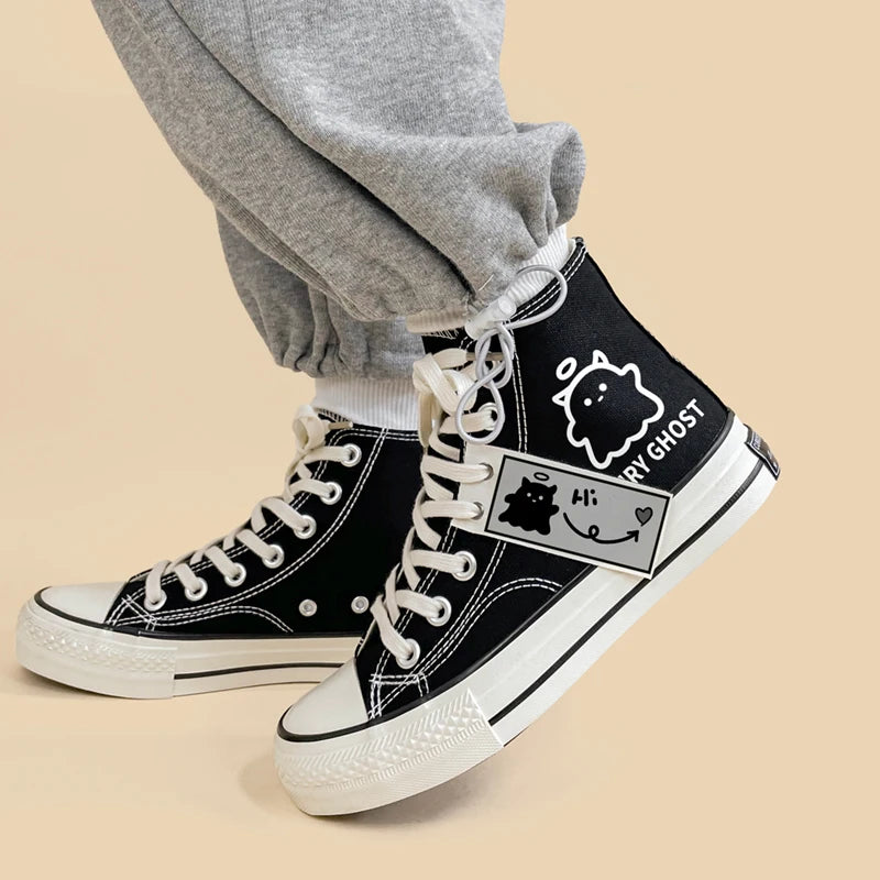 Fairy Ghost Lace Up Canvas Shoes - Y2K Style Pink and Blue Ghost Shoes with Strawberry Design