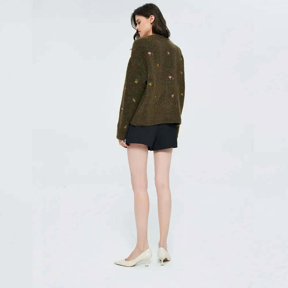 Goblincore Leaf Embroidery Cardigan - Vintage-Inspired Blue Floral Grunge Y2K Style