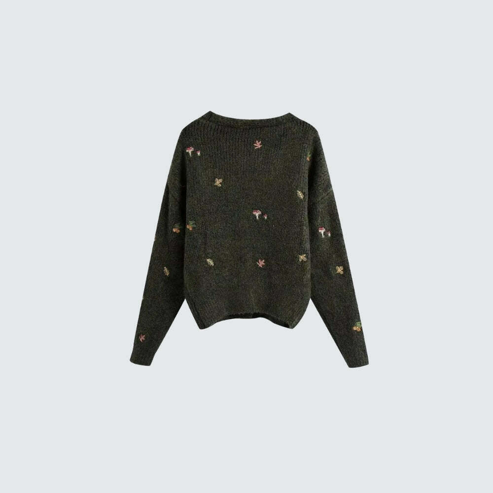 Goblincore Leaf Embroidery Cardigan - Vintage-Inspired Blue Floral Grunge Y2K Style