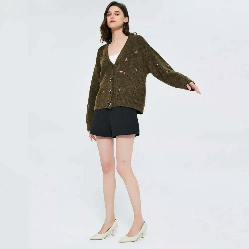 Goblincore Leaf Embroidery Cardigan - Vintage-Inspired Blue Floral Grunge Y2K Style