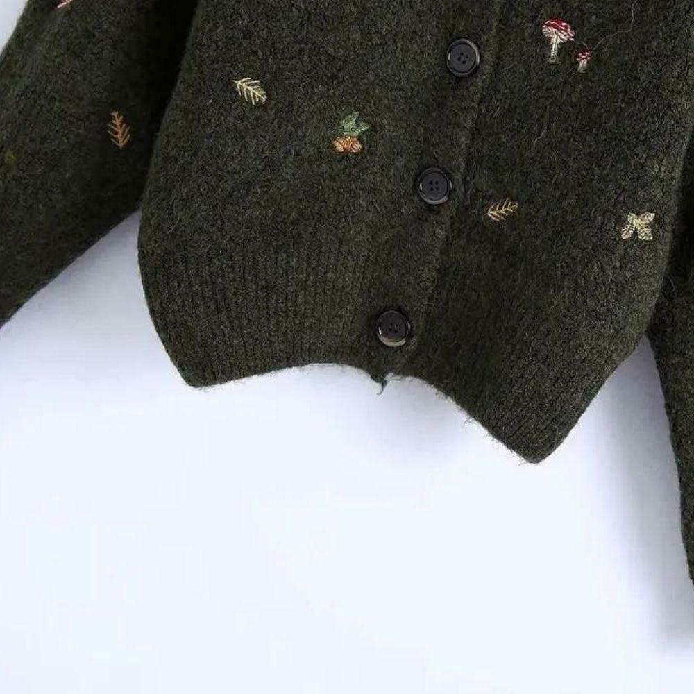 Goblincore Leaf Embroidery Cardigan - Vintage-Inspired Blue Floral Grunge Y2K Style
