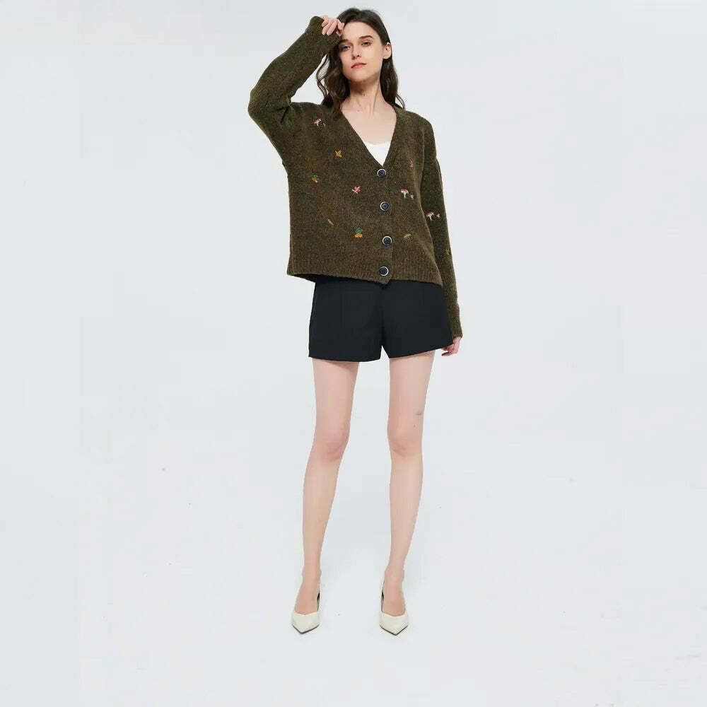 Goblincore Leaf Embroidery Cardigan - Vintage-Inspired Blue Floral Grunge Y2K Style