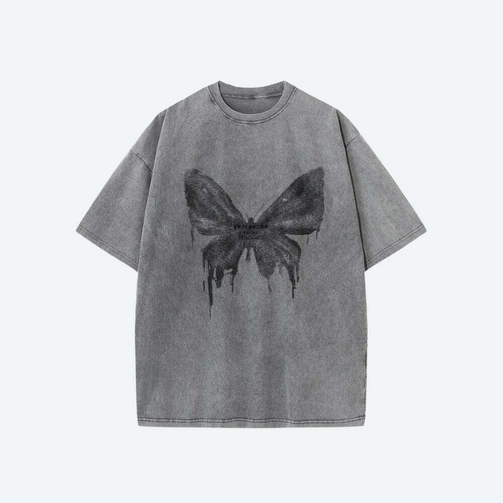 Grunge Distressed Butterfly Tee - Y2K Aesthetic Graphic Tee for Trendy Outfits