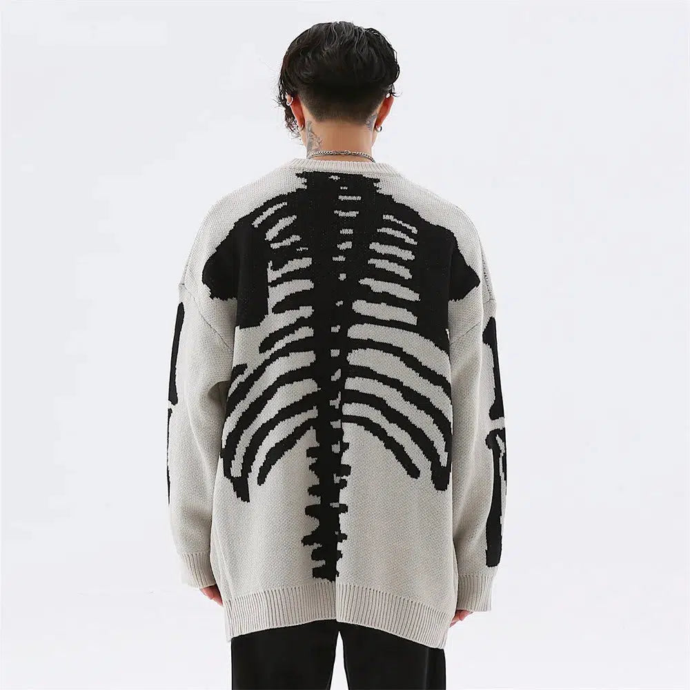 Grunge Skeleton Knitted Sweater - Aesthetic Y2K Cropped Cream Sweater with Unique Embroidery