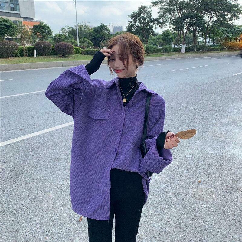 Indie Purple Corduroy Casual Shirt - Y2K Aesthetic Vintage Flannel for Trendy Outfits