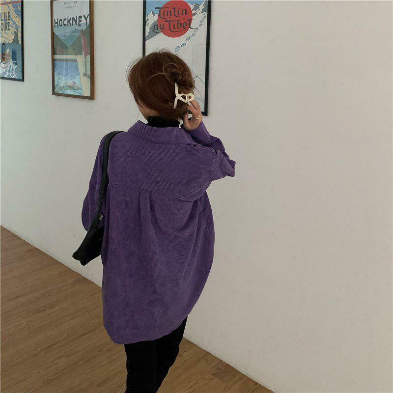 Indie Purple Corduroy Casual Shirt - Y2K Aesthetic Vintage Flannel for Trendy Outfits
