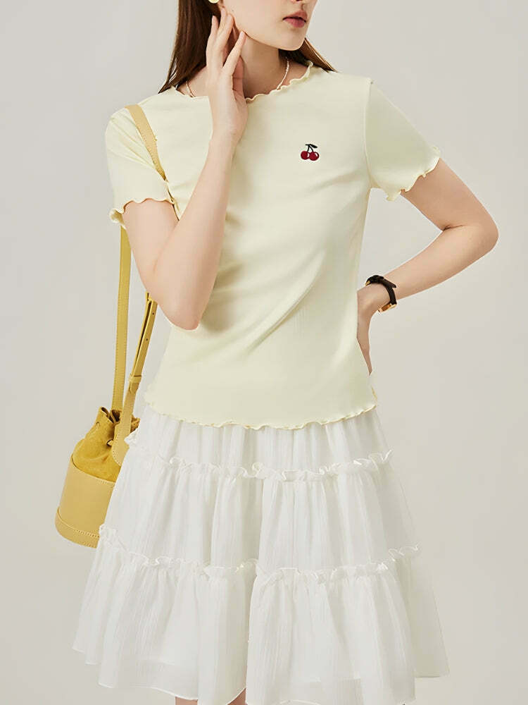 Soft Girl Cherry Lettuce Edge Tee - Trendy Y2K Cherry Graphic Tee for Stylish Outfits