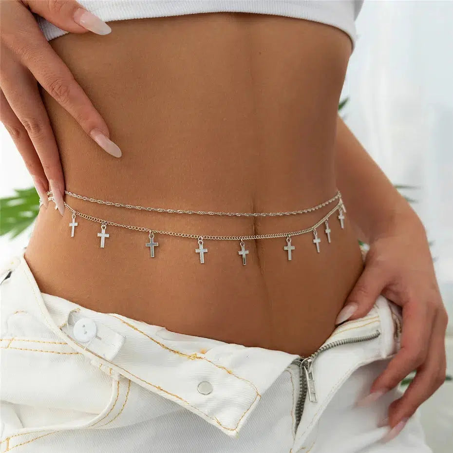 Stylish Y2K Cross Belly Chain - Trendy Denim Cross Skirt & Chic Cross Print Jeans Set