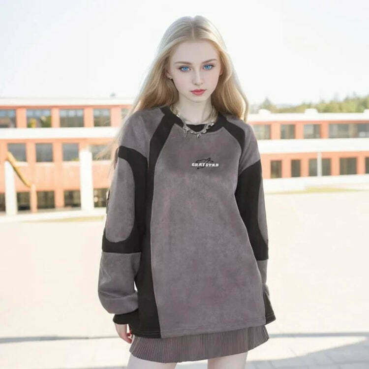 Trendy Oversized Graystar Corduroy Sweatshirt with Vintage Graphic - Y2K Aesthetic Style