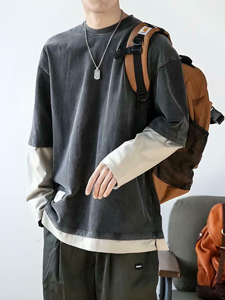 Trendy Oversized Soft Boy Layered Sleeve Sweatshirt in Vintage Graphic Corduroy Style