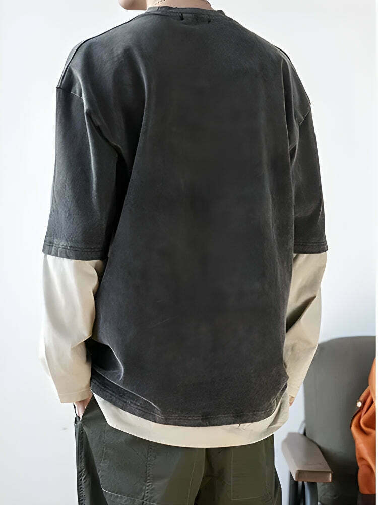 Trendy Oversized Soft Boy Layered Sleeve Sweatshirt in Vintage Graphic Corduroy Style