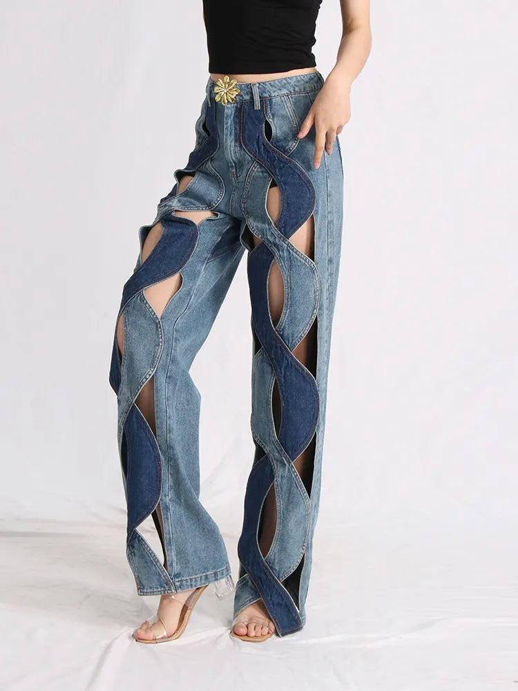 Trendy Two Different Denim Cut Out Jeans for Y2K and Cottagecore Outfit Inspiration
