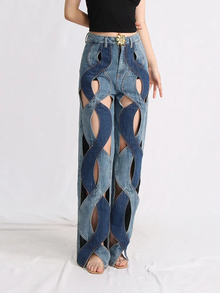Trendy Two Different Denim Cut Out Jeans for Y2K and Cottagecore Outfit Inspiration