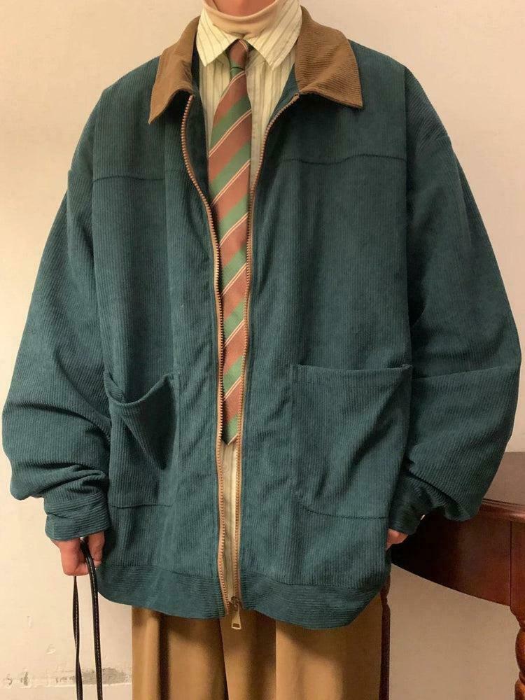 Trendy Vintage Corduroy Color Block Jacket - Y2K Style Baggy Varsity Fashion Statement