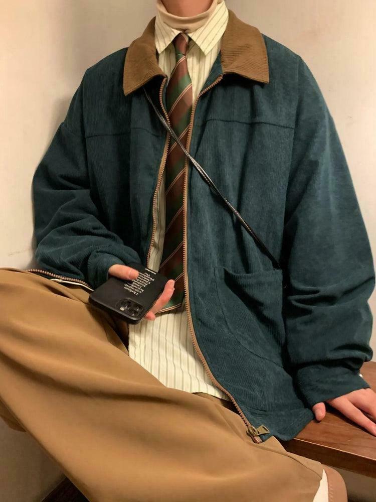 Trendy Vintage Corduroy Color Block Jacket - Y2K Style Baggy Varsity Fashion Statement