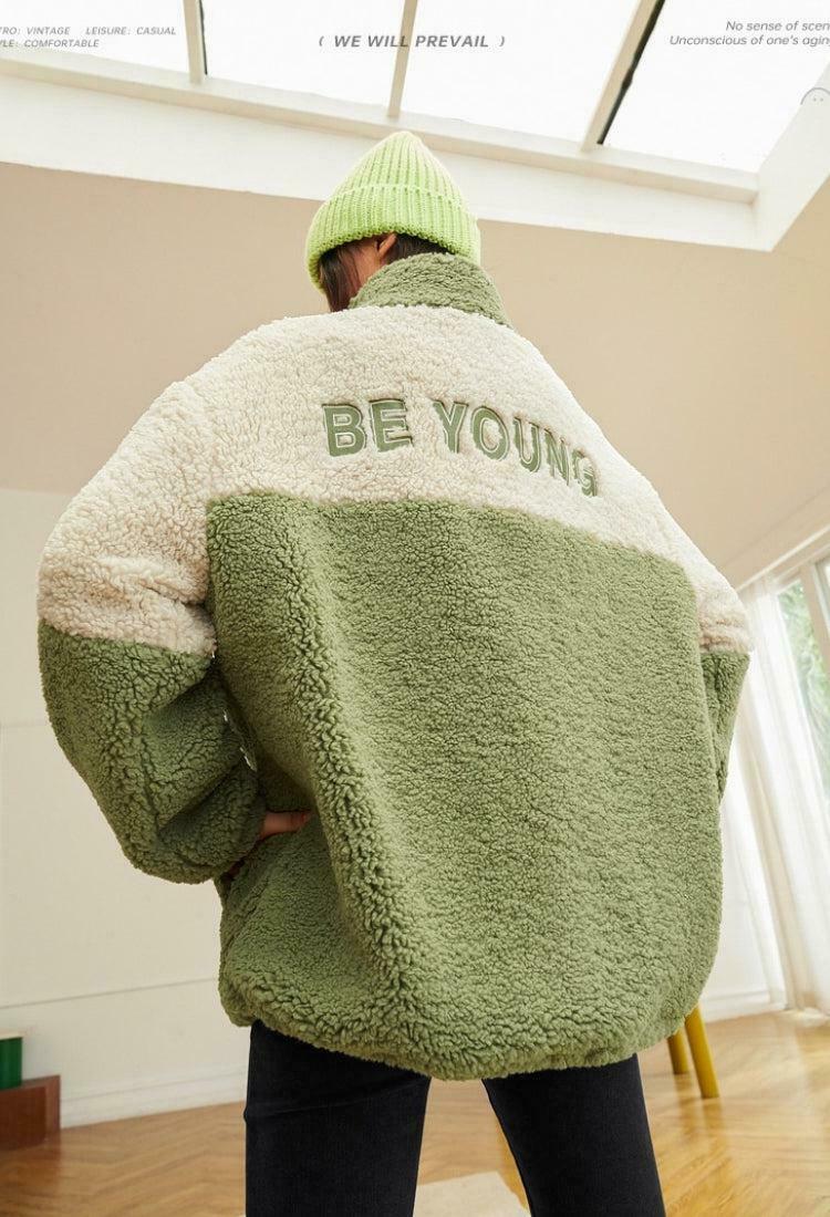 Trendy Y2K Color Block Teddy Jacket - Stylish White Varsity Baggy Jacket for Fashion Lovers