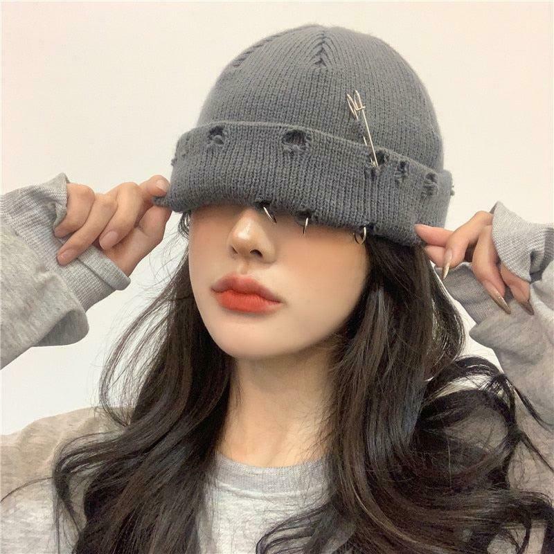 Trendy Y2K Grunge Distressed Beanie with Applique Design - Vintage-Inspired Cat Ear Style