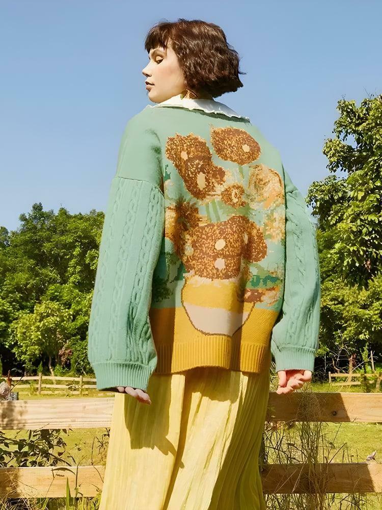 Van Gogh Sunflowers Grunge Cardigan - Stylish Blue Floral Coquette Letterman Sweater
