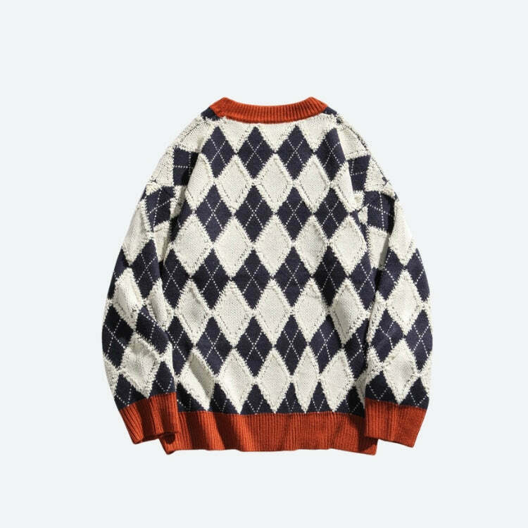 Vintage Argyle Knitted Sweater - Y2K Aesthetic Cat & Skeleton Design, Cozy Embroidery Style