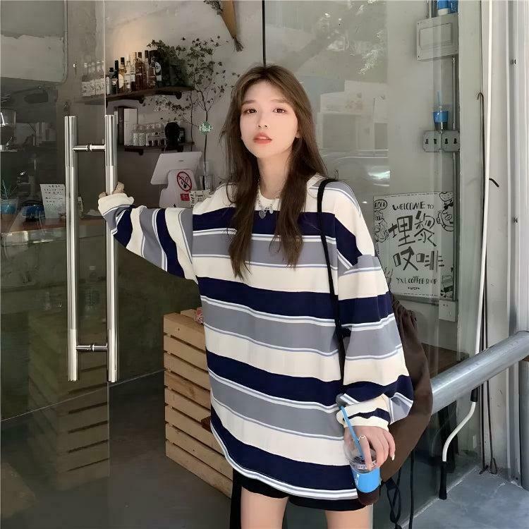 Vintage Casual Striped Sweatshirt - Trendy Oversized Aesthetic with Cozy Corduroy Fabric