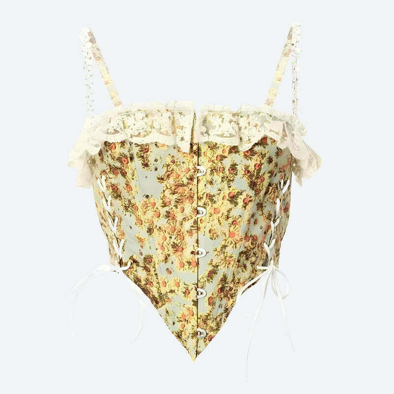 Vintage Floral Lace-Up Corset Top - Y2K Crop Top with Bow Tie and Denim Tube Style