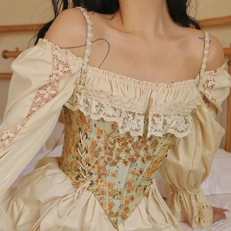Vintage Floral Lace-Up Corset Top - Y2K Crop Top with Bow Tie and Denim Tube Style