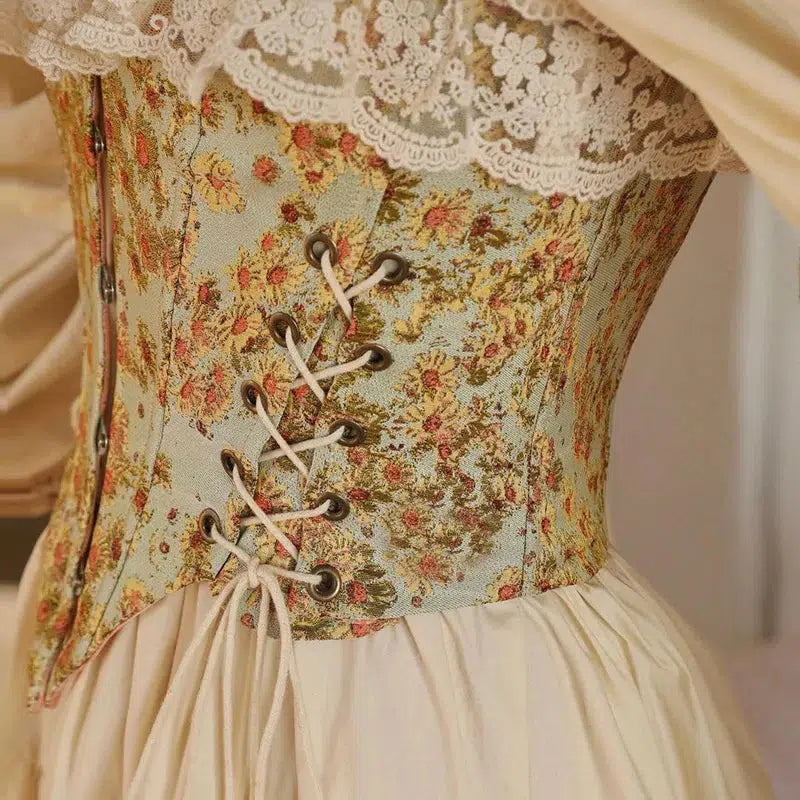 Vintage Floral Lace-Up Corset Top - Y2K Crop Top with Bow Tie and Denim Tube Style