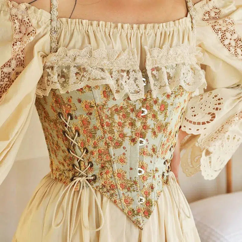 Vintage Floral Lace-Up Corset Top - Y2K Crop Top with Bow Tie and Denim Tube Style